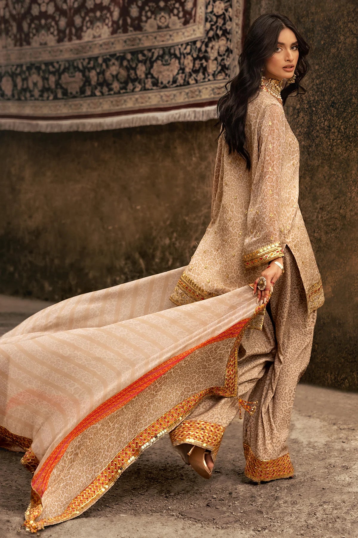 13-South Asian printed suit with embroidery for events by-Charizma