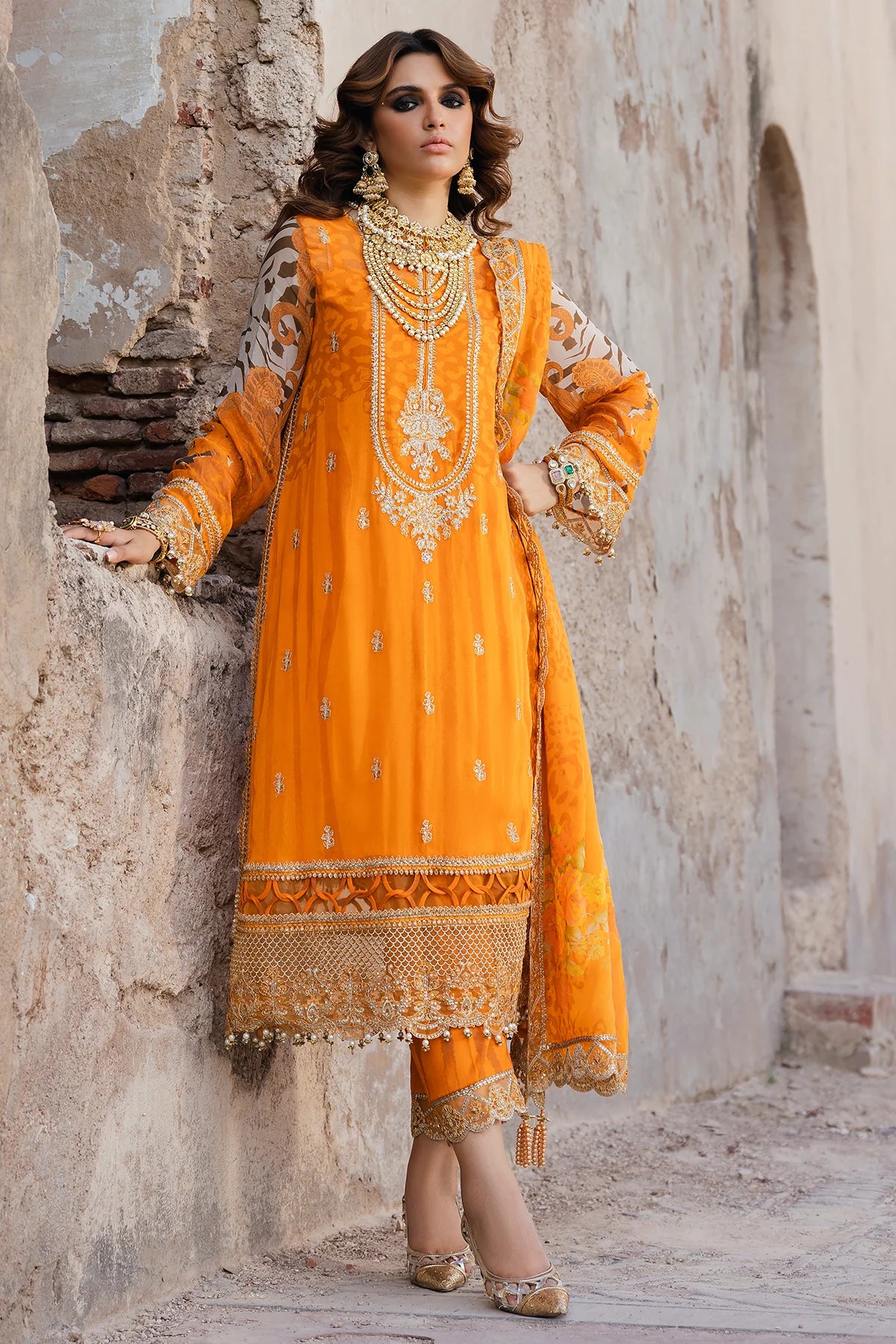 14-Ethnic wear mustard chiffon outfit for women by-Charizma