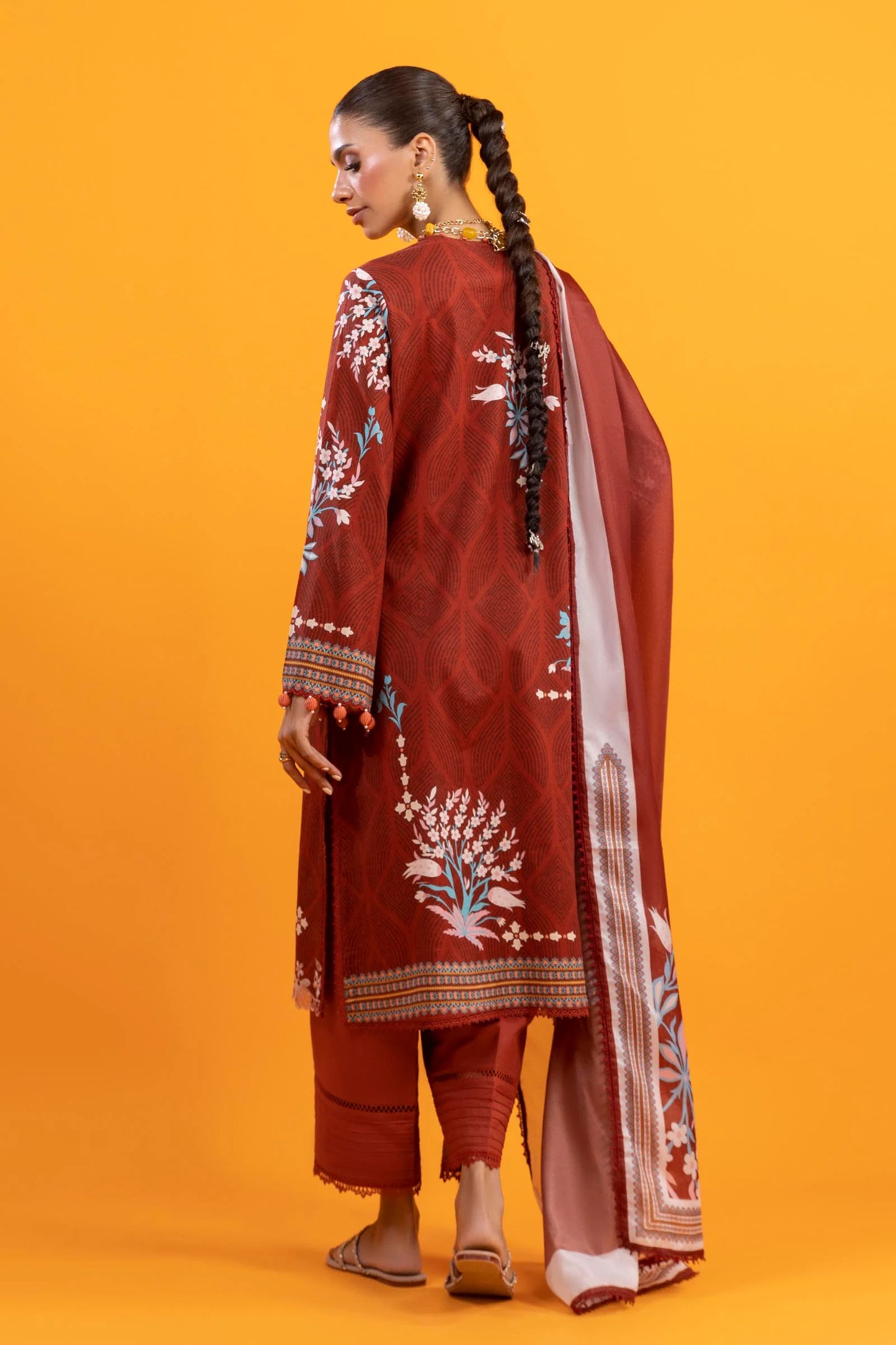 H253-002A-3AS – Mahay stitched lawn outfit in dark brown with printed tennis net dupatta and organza border – Ready-to-wear for Pakistani women at Pakistanimoda
