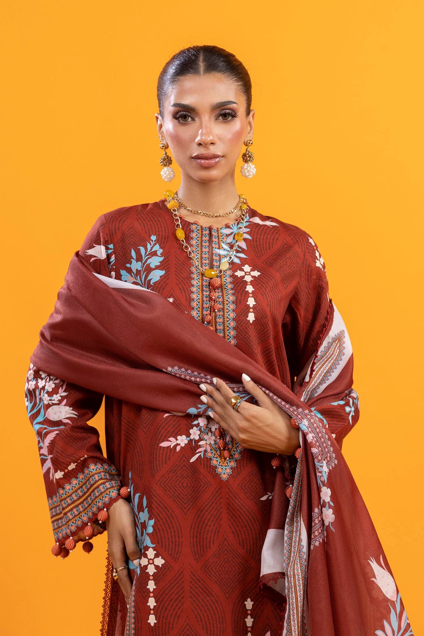 H253-002A-3AS – Mahay stitched lawn outfit in dark brown with printed tennis net dupatta and organza border – Ready-to-wear for Pakistani women at Pakistanimoda