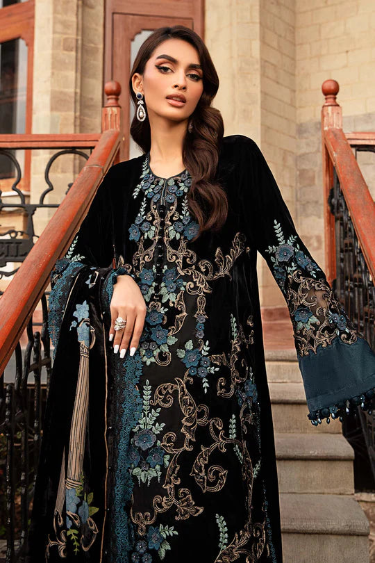 Winter Luxe: Embroidered Velvet Suit-DL-1208-Black and Teal-By Maria.B