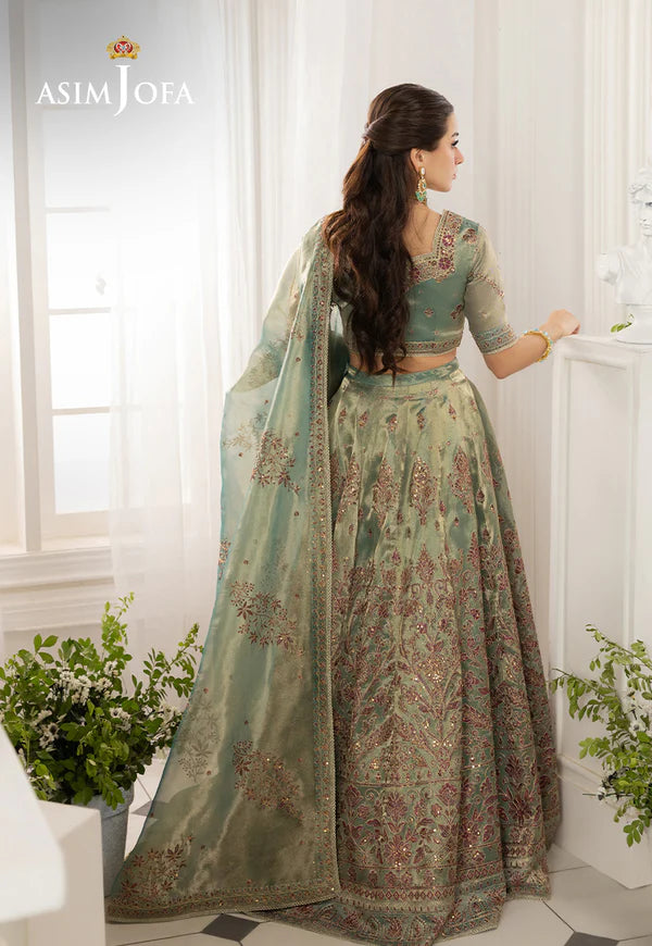 Buy AJIZL-10 aqua zari tissue embroidered lehenga suit by Asim Jofa – stitched Pakistani designer 3-piece outfit with dupatta, available online at Pakistanimoda.com.