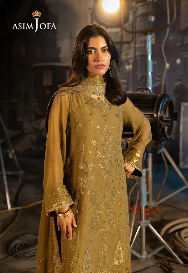 AJLF-15- OLIVE EMBROIDERED CHIFFON LONG SHIRT ENSEMBLE