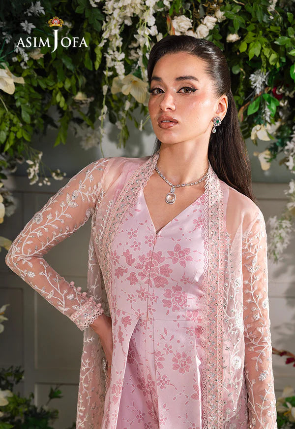 Asim Jofa AJLFC-02 Blush Pink Organza Embroidered Cape Dress with Printed Silk Jumpsuit – 2-Piece Stitched Outfit Pakistanimoda