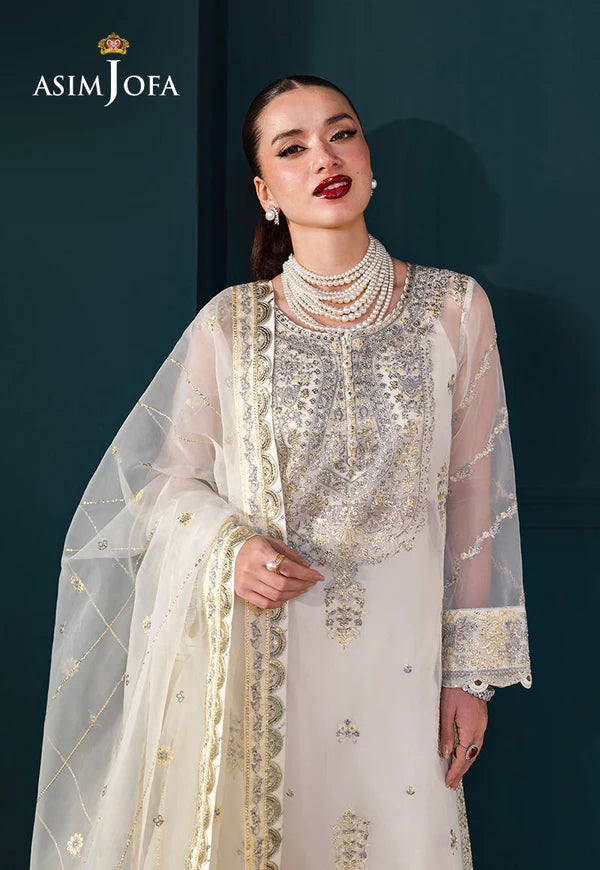 Asim Jofa AJLFC-03 Cream Embroidered Organza Outfit with Silver Sequins and Gray Threadwork – Festive Party Wear Pakistanimoda