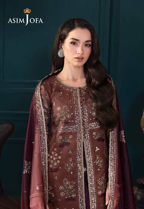 Asim Jofa AJLFC-08 Maroon Embroidered Jacket Style Suit with Gold Zari and Sequin Detailing – Festive Wear Pakistanimoda
