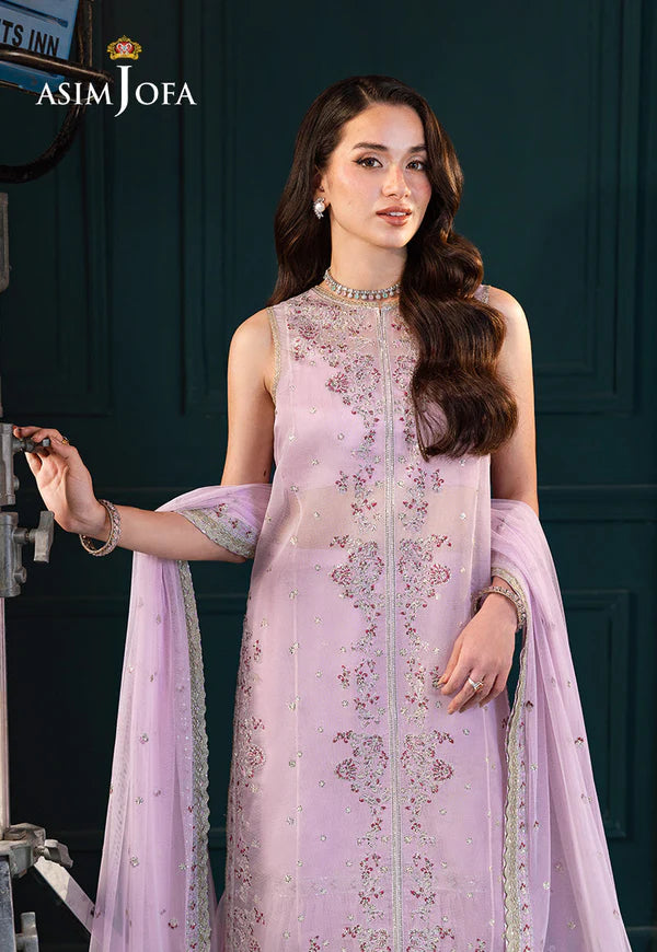 Asim Jofa AJLFC-09 Light Lilac Stitched Net Gharara Ensemble with Magenta Embroidery – Festive Outfit Pakistanimoda