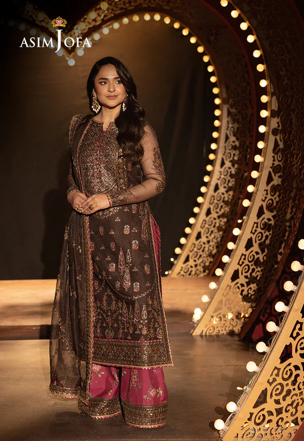 AJLFF-11- Dark Brown Embroidered Javeria Net Outfit By- Asim Jofa