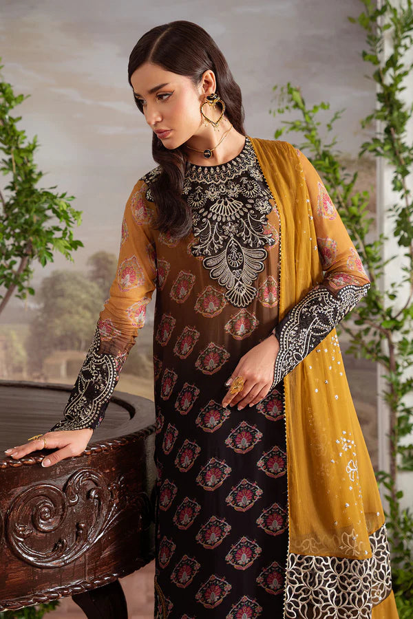 AM-30 stitched black and brown chiffon suit by Nureh with embroidered organza patches – available at Pakistanimoda with worldwide shipping