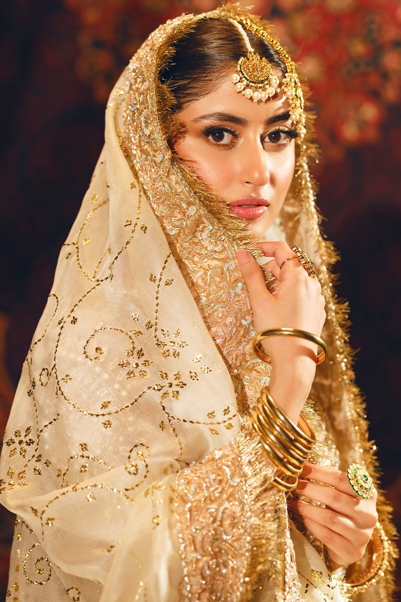 Adeena-Elegant Bridal Ensemble with Off-white Shirt and Colorful Lehenga