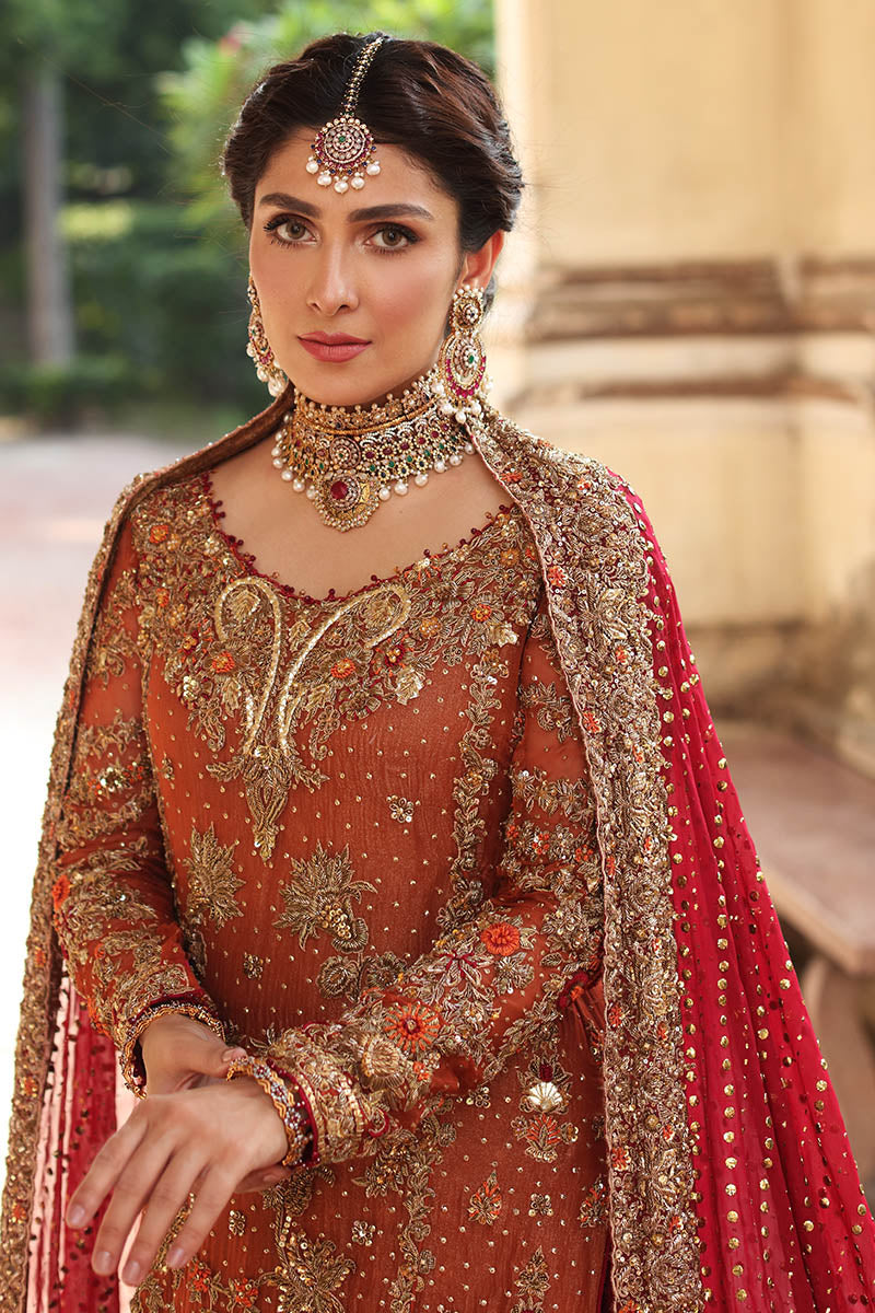 Afroza-Traditional Orange Bridal Shirt with Red Lehenga