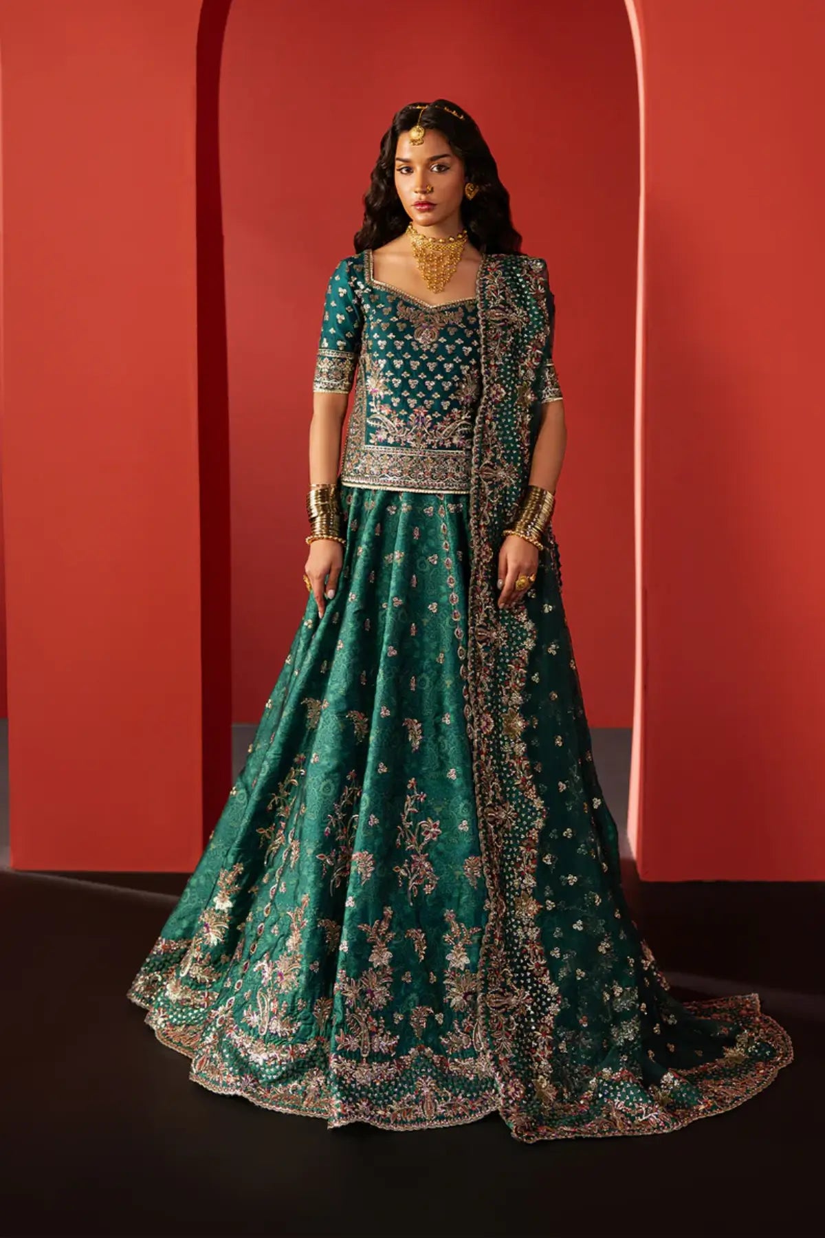 Afsar Afrozeh Green Raw Silk Wedding Lehenga