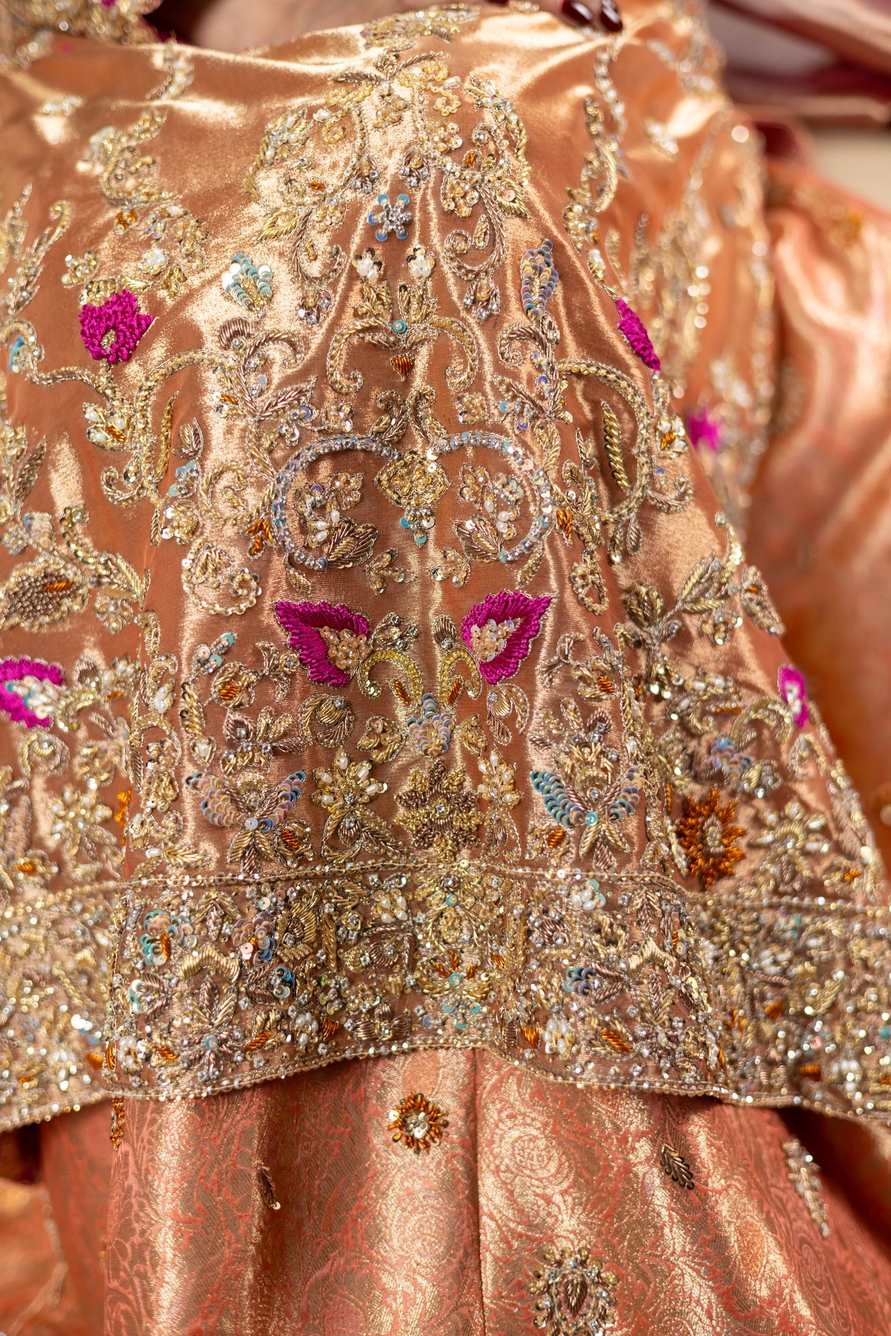 Afsheen bridal outfit by MariamRaj: Peach gold or magenta pink tissue silk Pishwas, Jamawar Gharara, delicate tissue dupatta, zardoze and resham embroidery for weddings