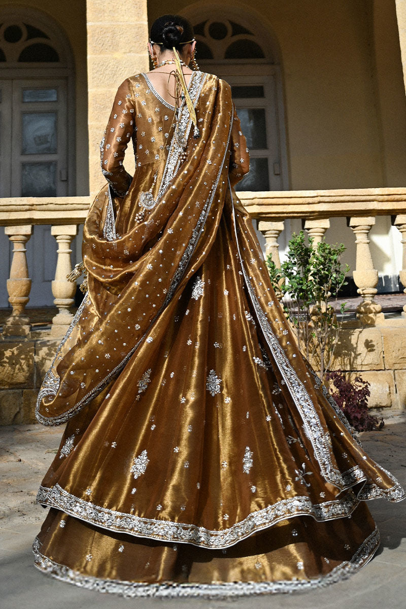Bronze lamé Anarkali bridal dress with silver zardozi, embellished lehenga, and dupatta – perfect for Pakistani brides in UK and USA.