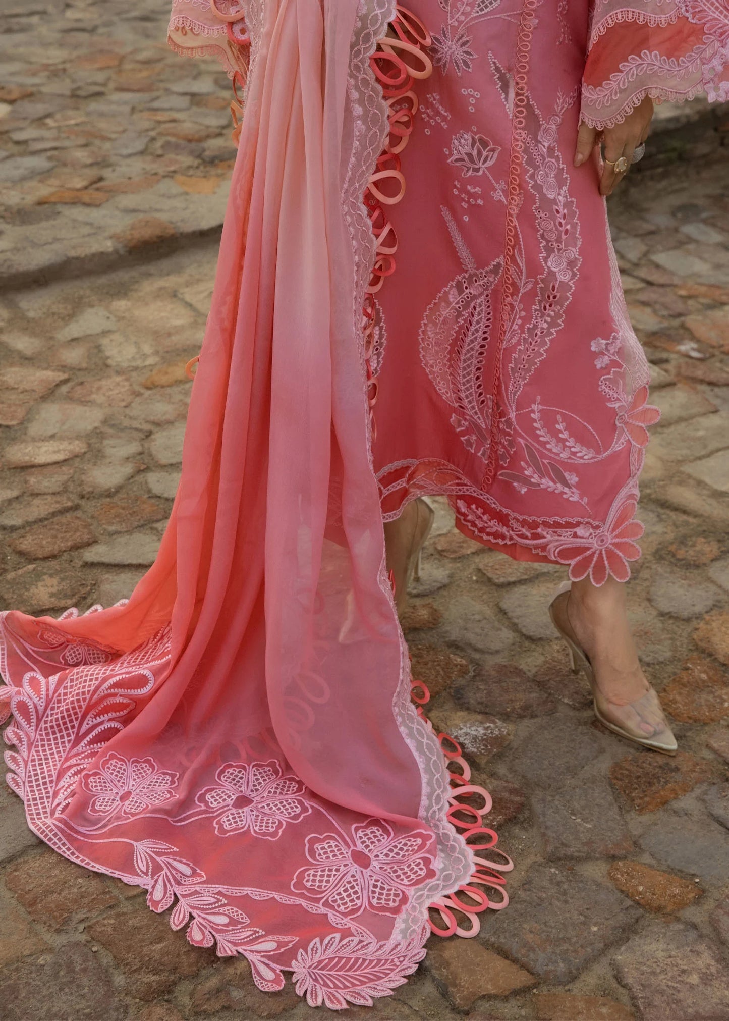 All Things Ombre-D1 B-Blush ombré georgette chiffon suit with laser appliqué by Crimson