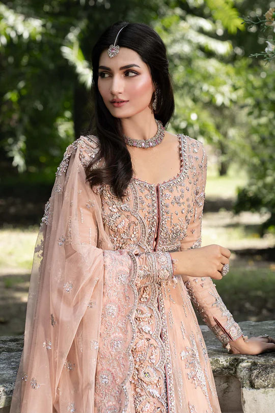 Maria B Arlene Royal-Rawa Powder Pink Bridal Gown with 3D florals, pearls & ombré lehenga stitched for weddings – Pakistanimoda