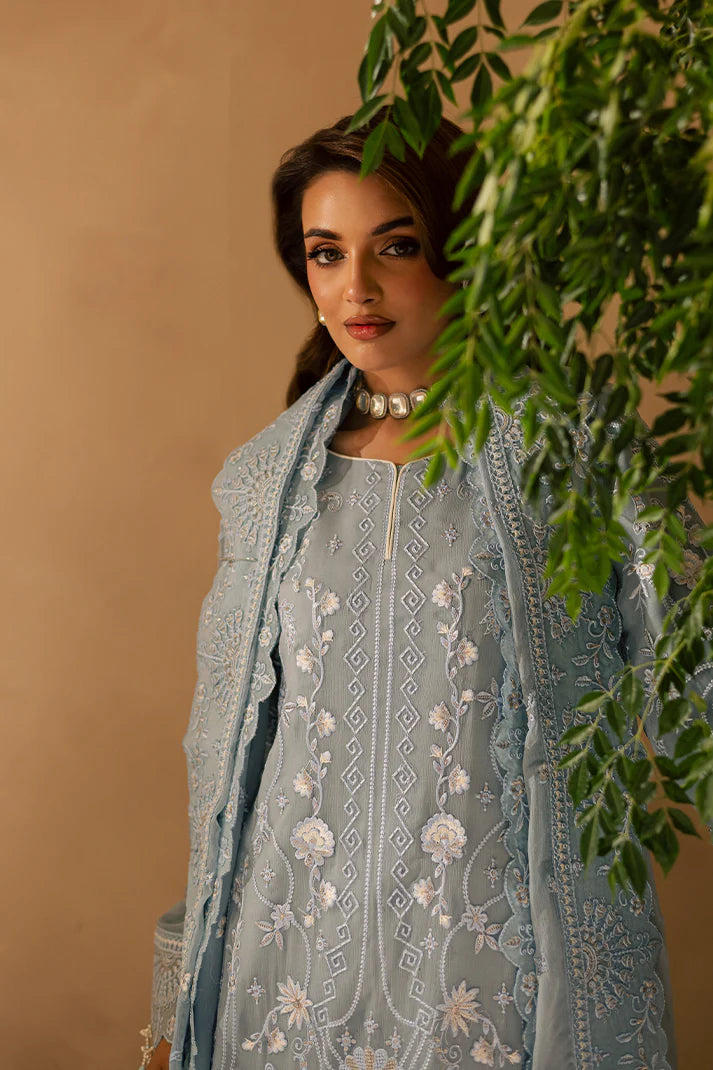 Ice blue embroidered chiffon Pakistani suit with organza accents and raw silk trouser – perfect for formal events and Eid for women in the USA, UK, and Canada.