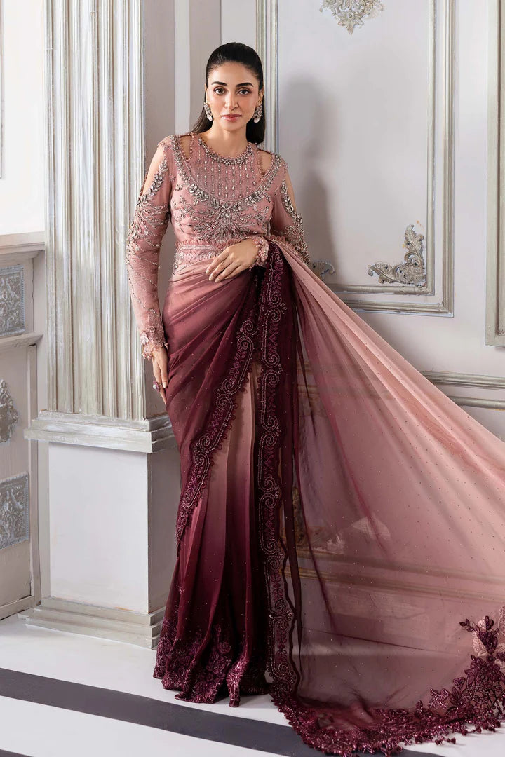 BD-3001- Ash Pink Ombre Embroidered Chiffon Saree By-Maria.B