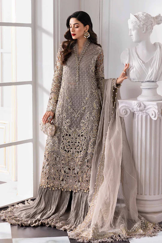 BD-3006 -Steel Grey Embroidered Organza Suit By-Maria.B