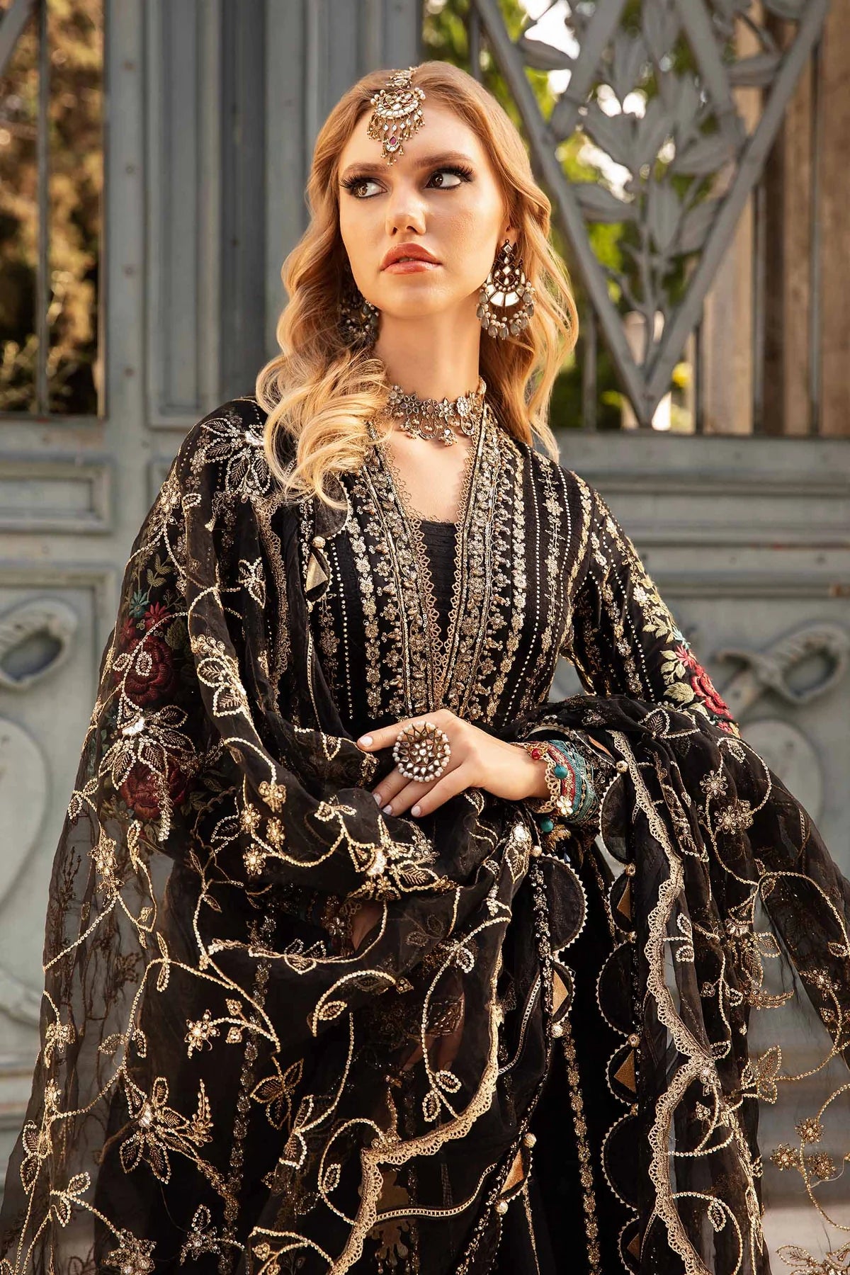 Black Embroidered Cotton Satin Suit By Maria B