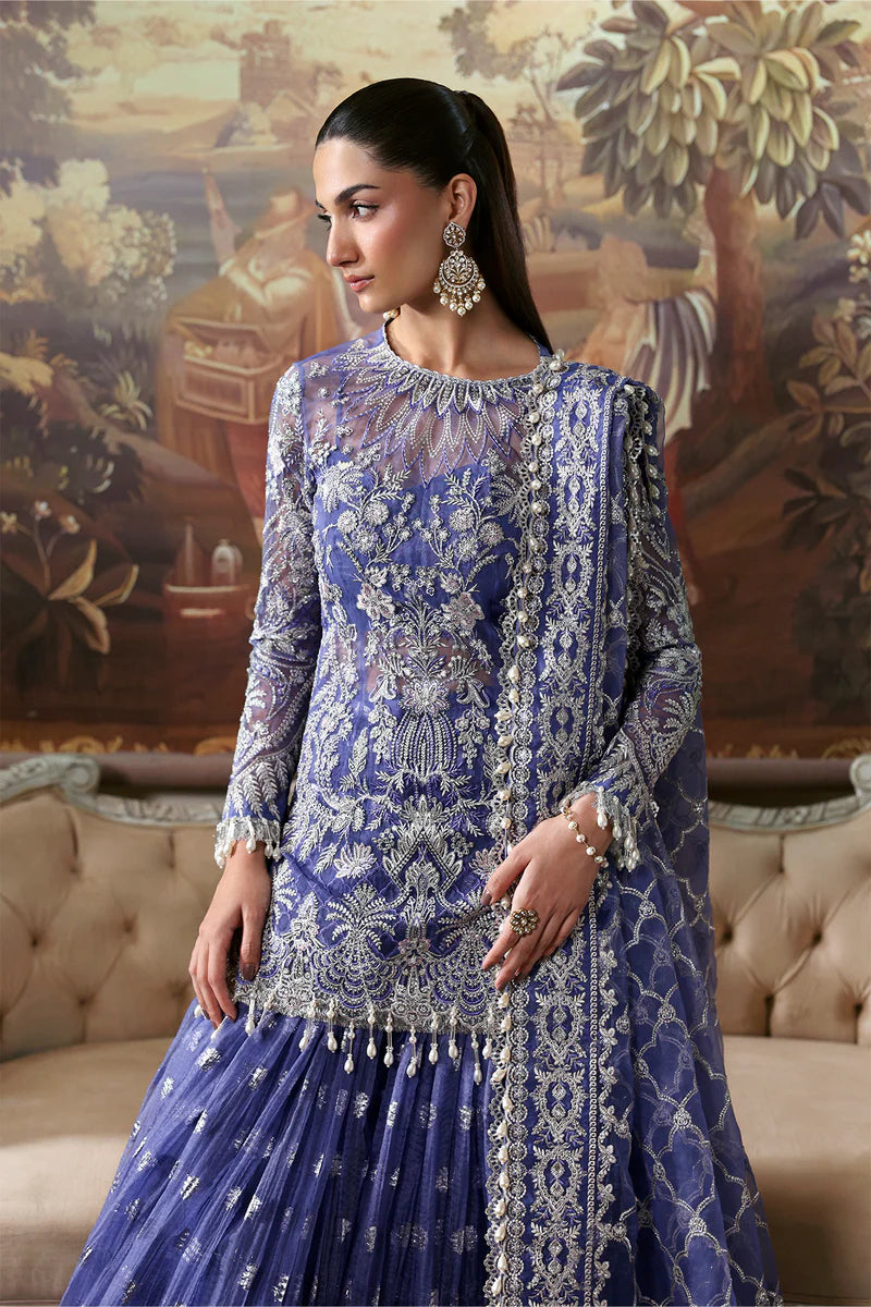 Bloomveil – Afrozeh Dastangoi 2025 Blue Stitched Organza Wedding Reception Dress with Raw Silk Lehenga and Embroidered Dupatta – Pakistanimoda