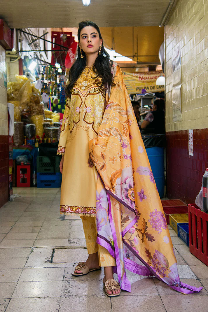 Blossing Almond- Printed mango yellow lawn suit with crochet lace neck –  Pakistani Moda