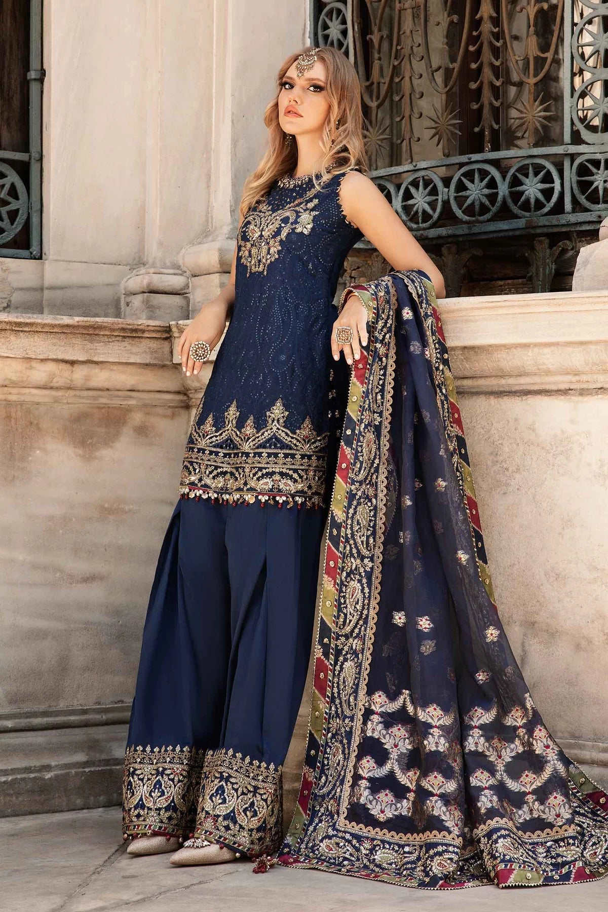 Blue Embroidered Cotton Satin Suit By Maria B