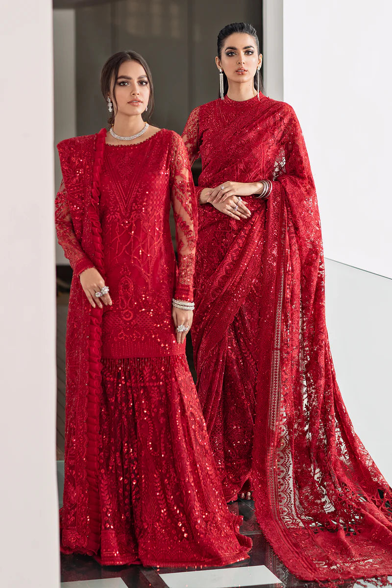 CH09-06 Baroque Red Chantelle Embroidered Net Outfit with Sequins – Engagement Ceremony Dress Online at Pakistanimoda