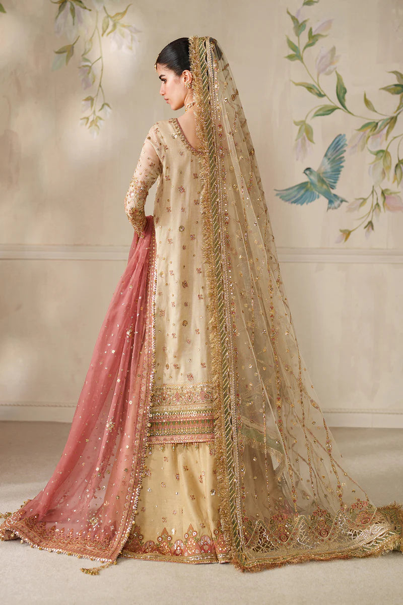 Baroque CH14-02 Gold Chantelle Gharara Suit with zari net embroidery & pink dupatta – Festive wear at Pakistanimoda