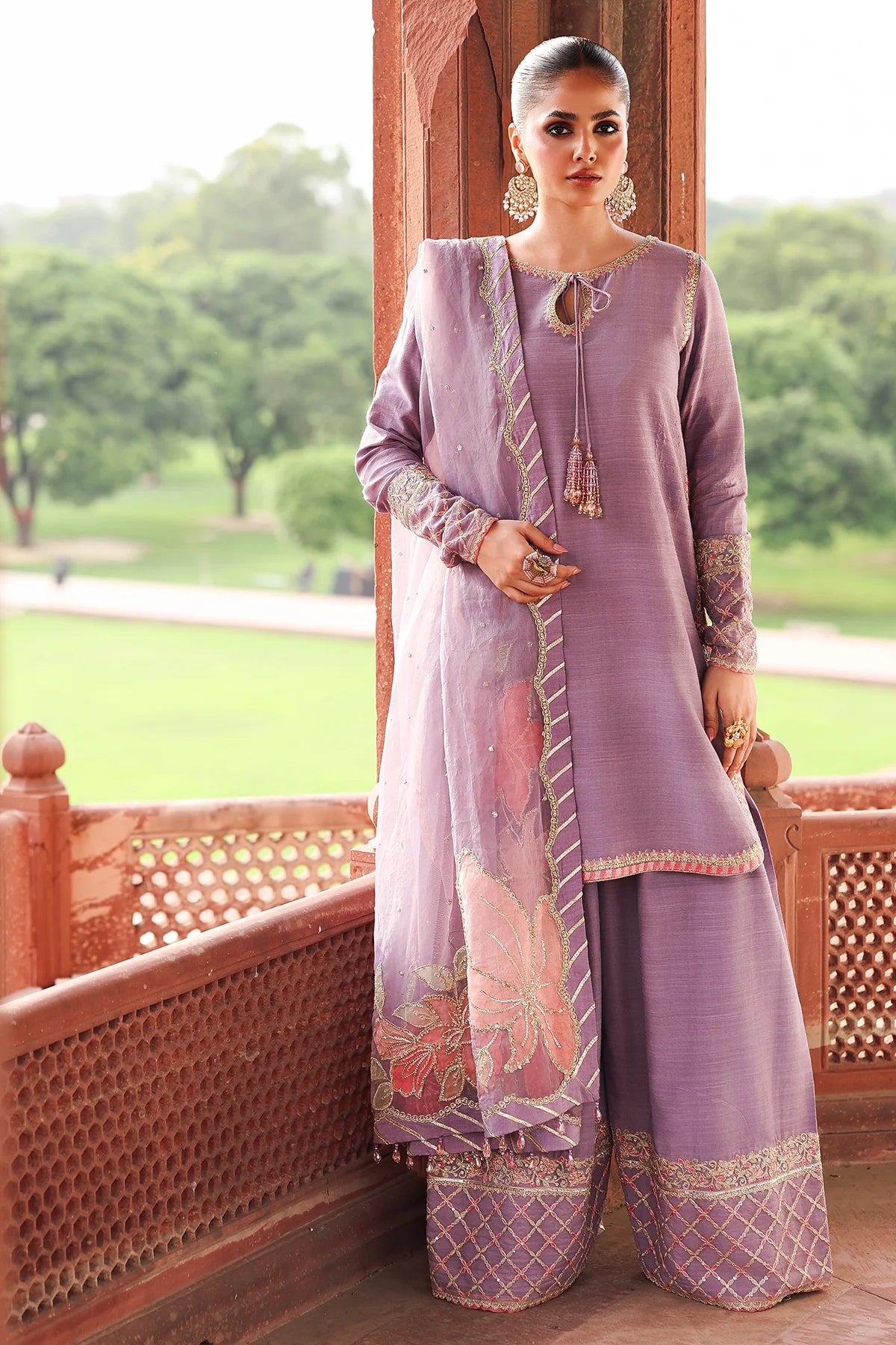 CMA-5-064 – Order Charizma Purple Raw Silk 3PC Embroidered Suit Online