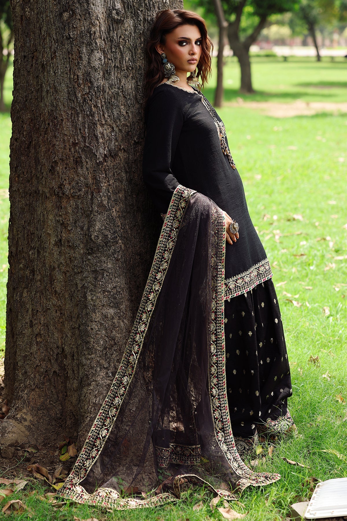 Charizma CMA-5-110A Mi-Amor black raw silk embroidered outfit – Pakistanimoda luxury collection.