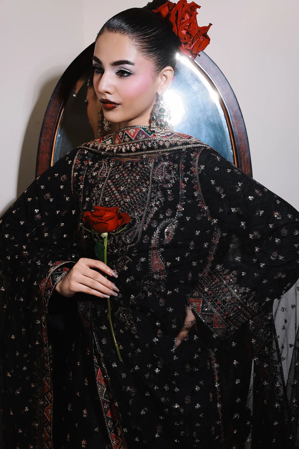 CMA-5-136A – Charizma Mi-Amor Black Raw Silk Embroidered 3PC Suit with dupatta and trouser, available at Pakistanimoda online.