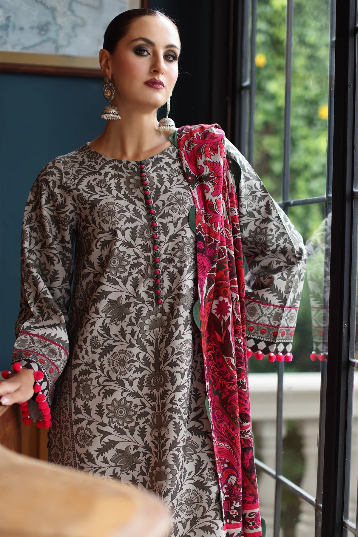 CPW5-09 Charizma Grey & Red Printed Linen Suit Winter 2025 – Stitched 3PC Outfit at Pakistanimoda.com