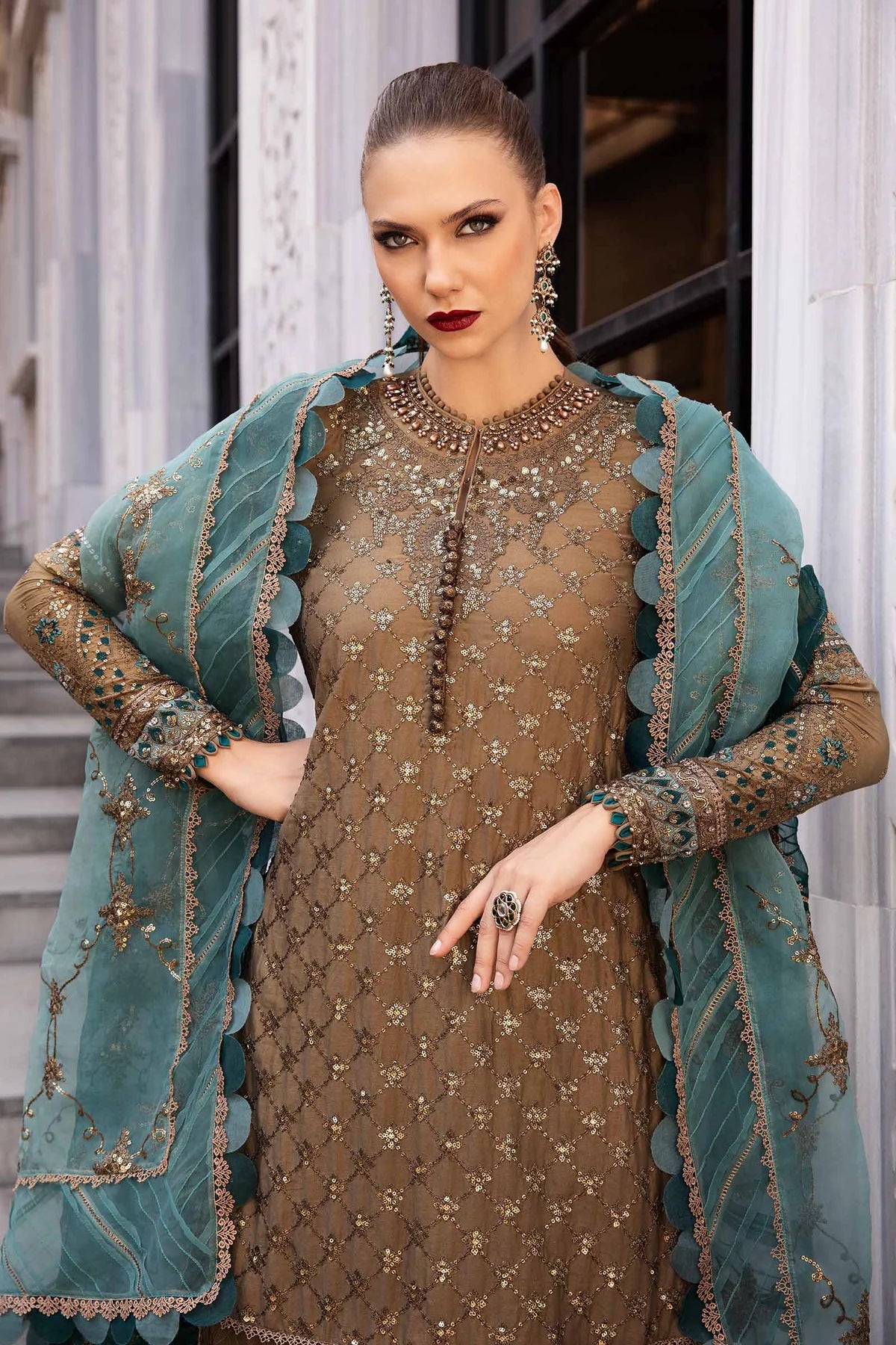 Champagne Embroidered Cotton Satin Suit By Maria B
