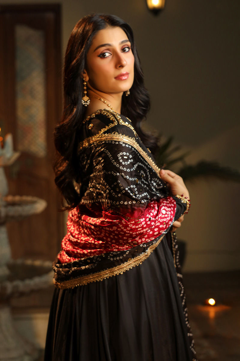 Chunri - Black Silk Long Frock Paired with Chunri Dupatta Chunri - Black Silk Long Frock Paired with Chunri Dupatta