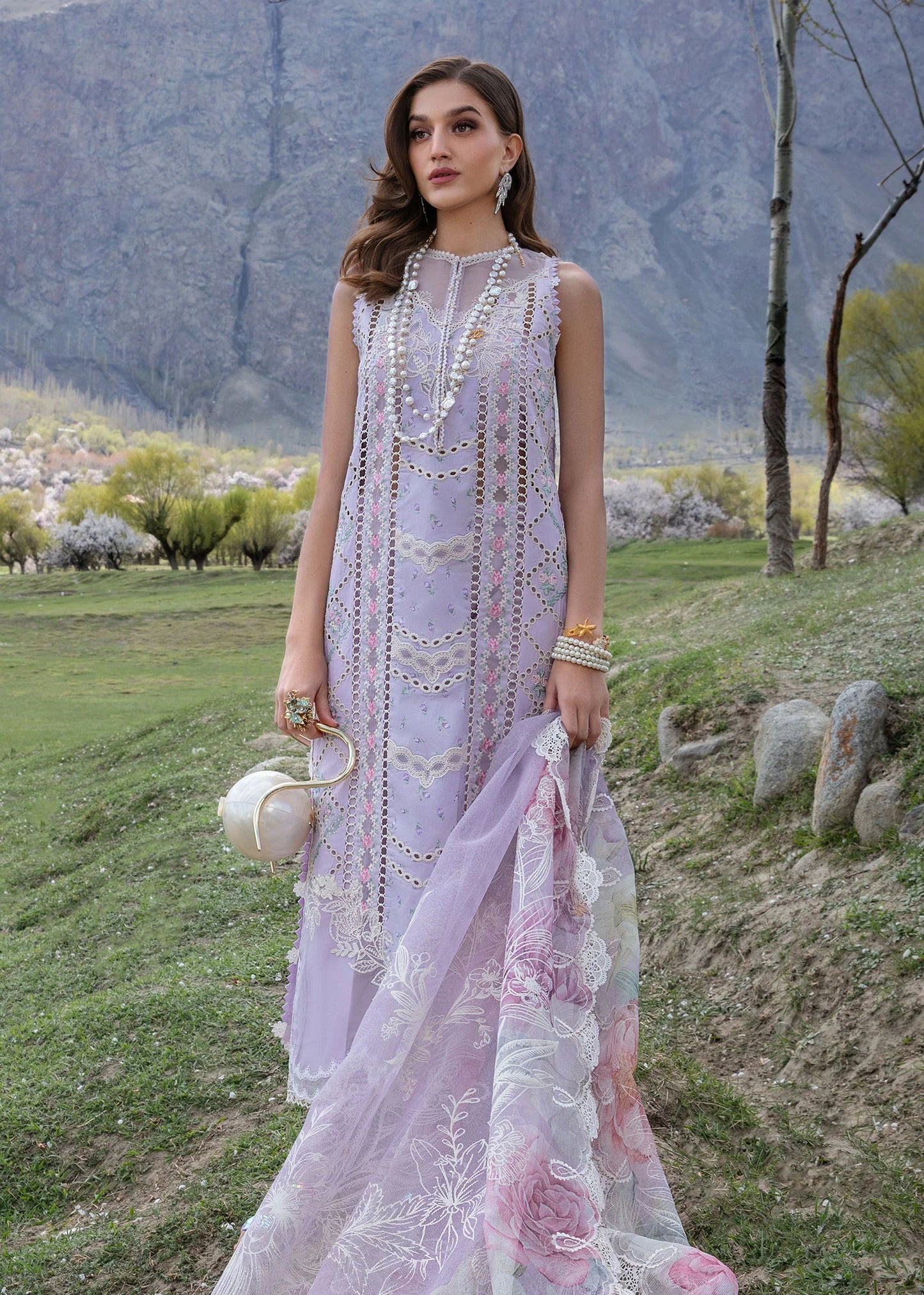 Crimson Stitched / Unstitched - A Floral Mesh -Lavender