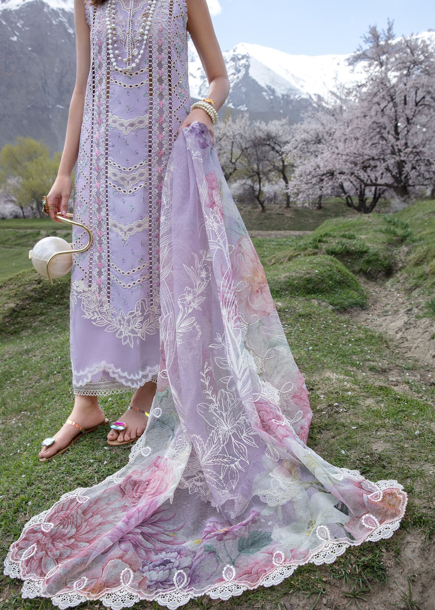 Crimson Stitched / Unstitched - A Floral Mesh -Lavender