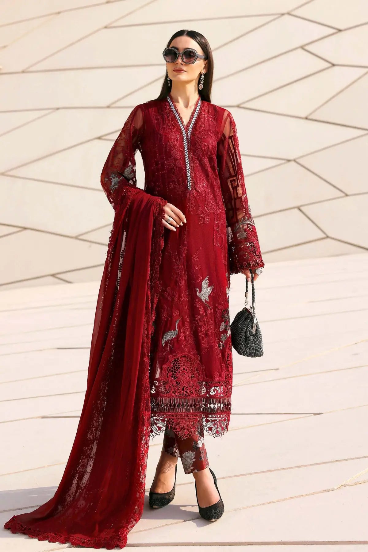 D-2607-A – Maria B Red Premium Embroidered Net Stitched Suit