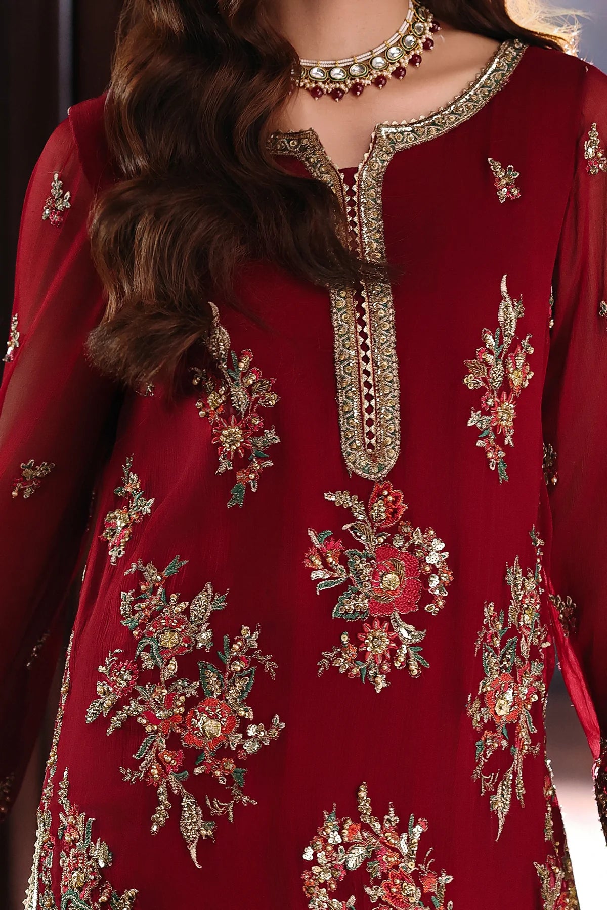 DJW5-09 Charizma maroon festive winter wedding chiffon suit with printed raw silk trouser and net dupatta Pakistanimoda