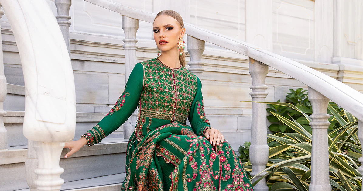 Dark Green Embroidered Cotton Satin Suit By Maria B