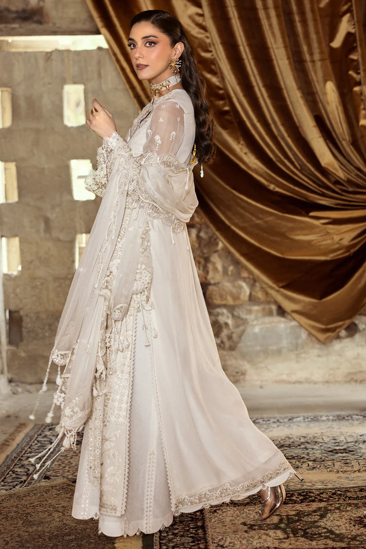 WC-03 ROISE stitched white chiffon chikankari dress by Qalamkar with embroidered dupatta and raw silk trouser – available at Pakistanimoda worldwide