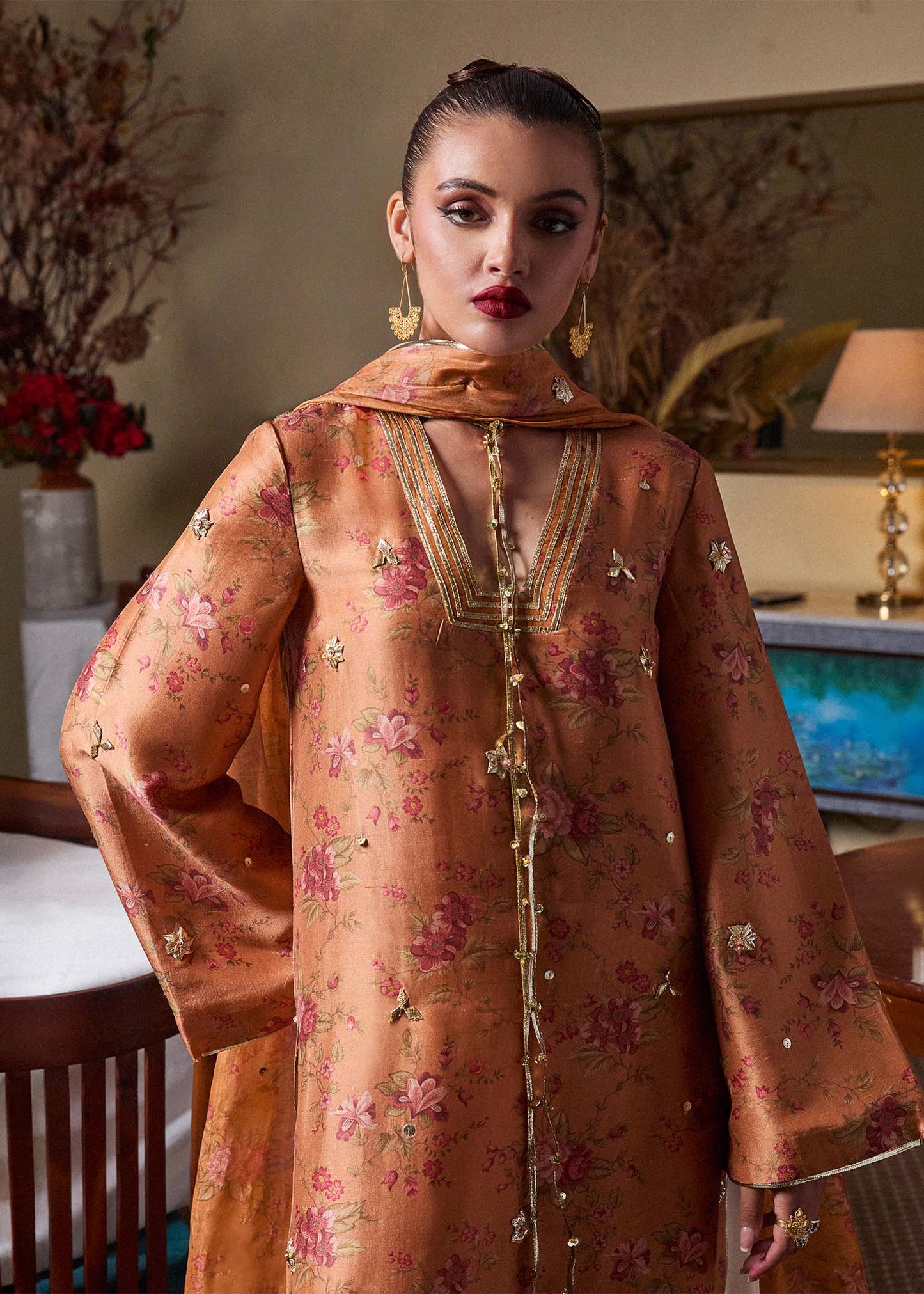 Dijan- Designer Rustic Mustard Printed Outfit For Parties Events By- Hussain Rehar