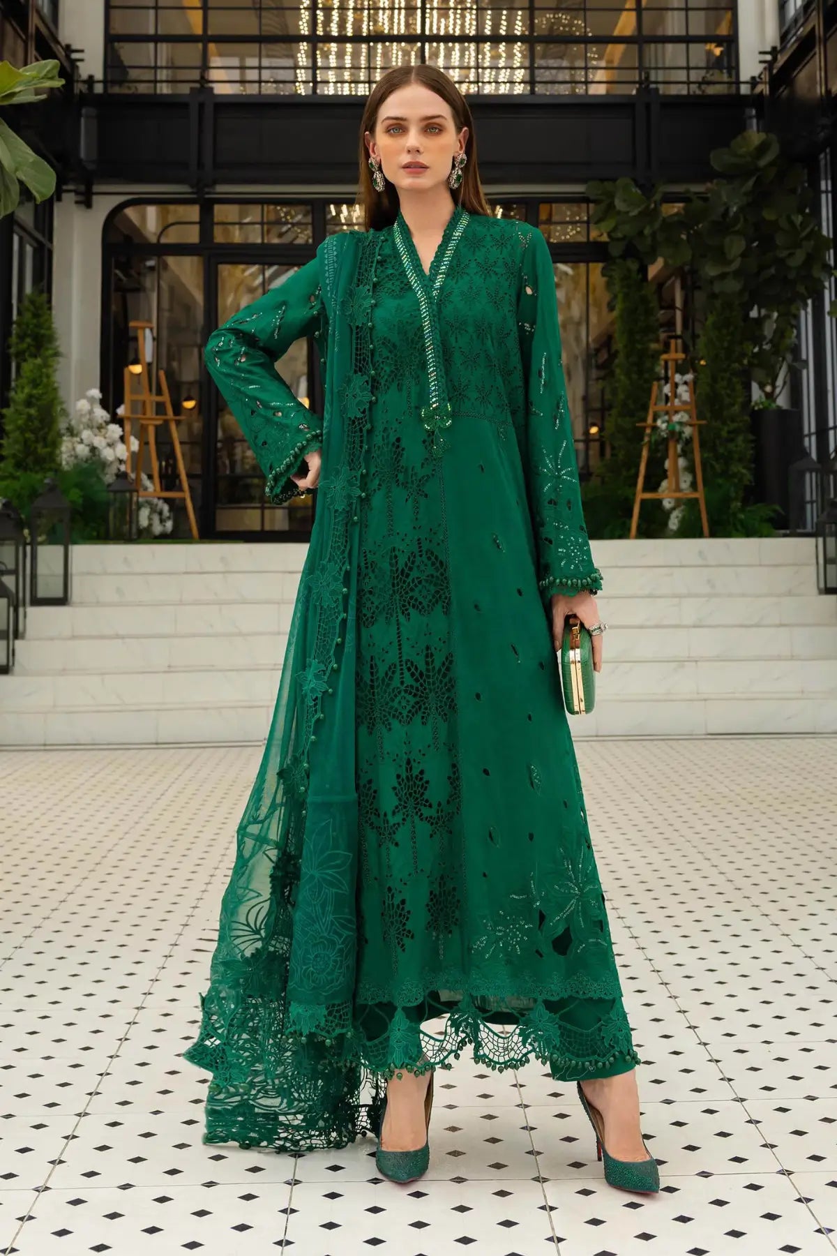 EL-26-04 Emerald Green Maria B Eid Lawn Suit with Net Dupatta EL-26-04 Emerald Green Maria B Eid Lawn Suit with Net Dupatta