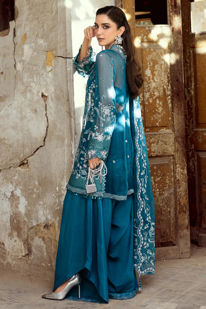 WC-04 NESSA stitched emerald green chiffon dress by Qalamkar with 3D embroidery and lace – formal party outfit available at Pakistanimoda worldwide