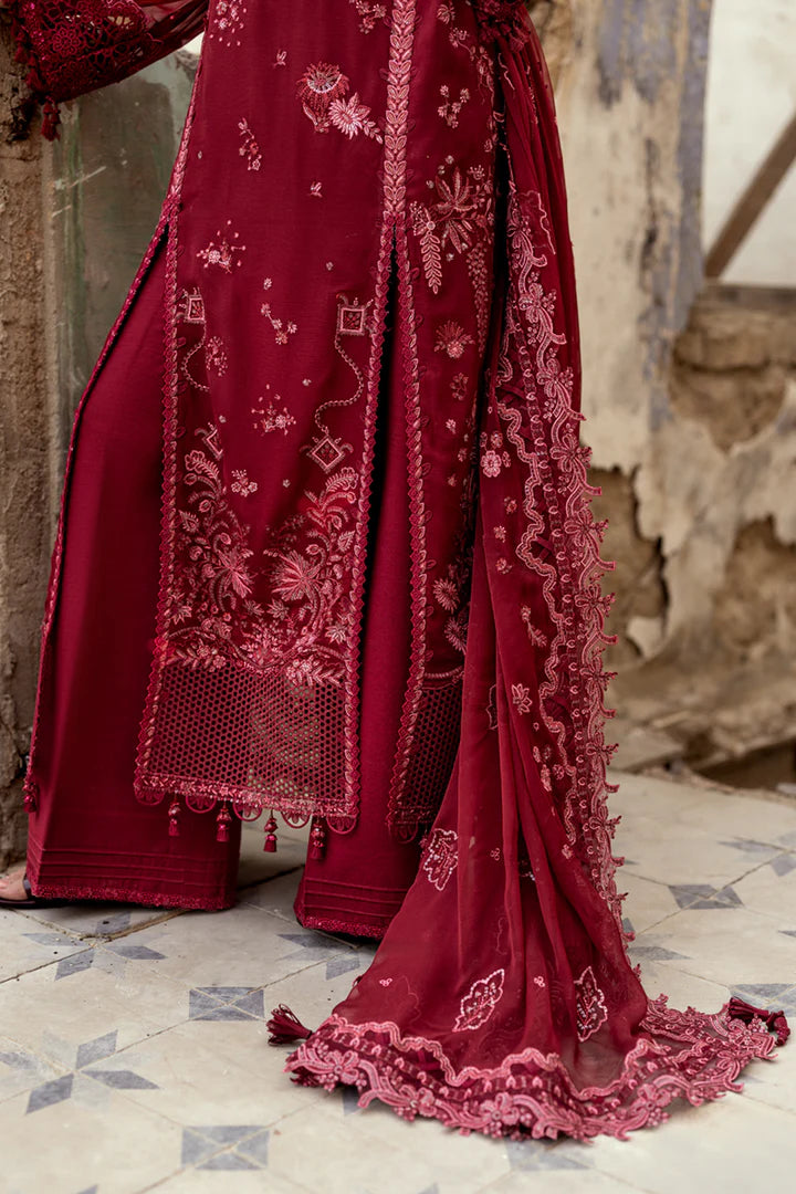 WC-06 JAYNE stitched maroon chiffon ensemble with schiffli embroidery and embroidered dupatta – Qalamkar design available at Pakistanimoda worldwide