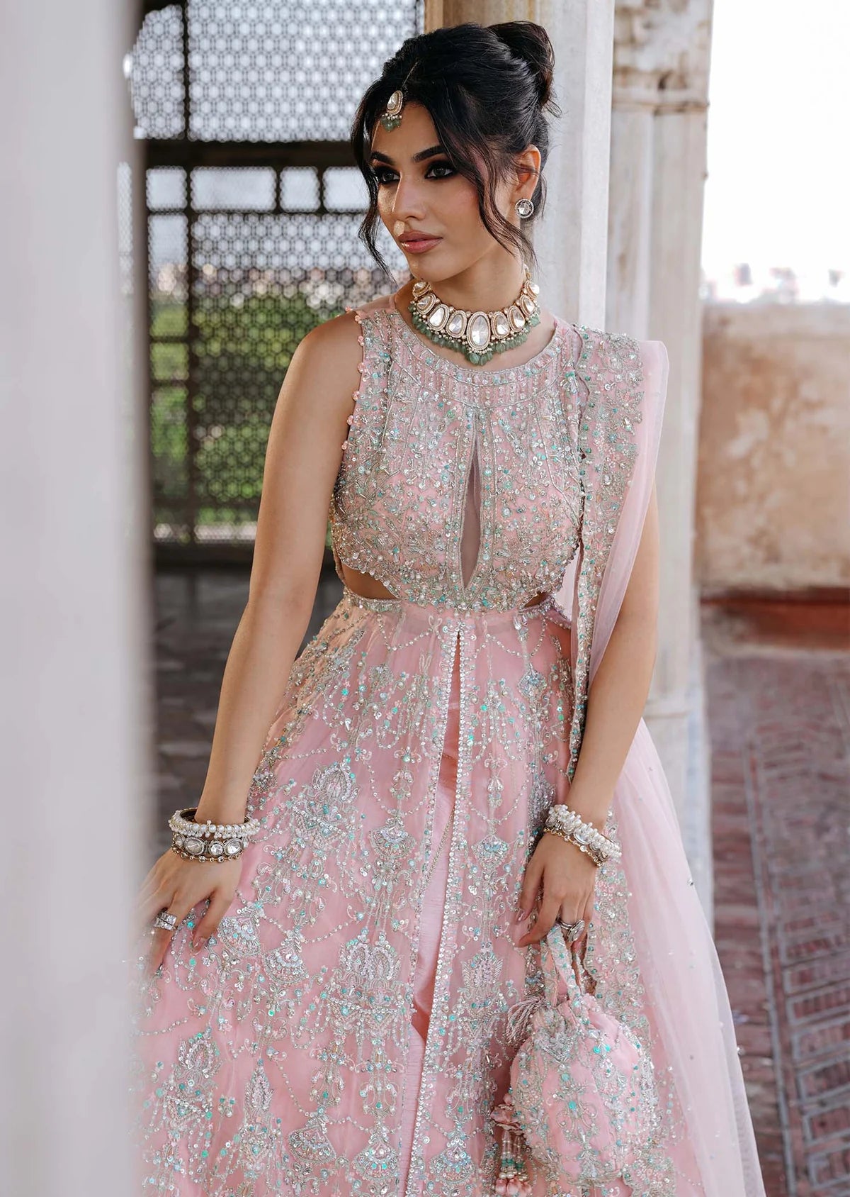 FIDA – Baby pink bridal gown with Korean silk lehenga and embroidered net dupatta. Stitched bridal outfit online at Pakistanimoda.