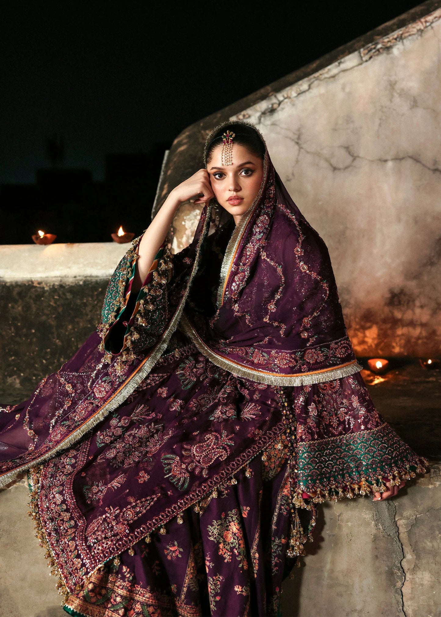 Ghazal plum chiffon embroidered lehenga and sharara suit with dupatta – Hussain Rehar Massarat Festive ’25 Collection, stitched and available at Pakistanimoda.