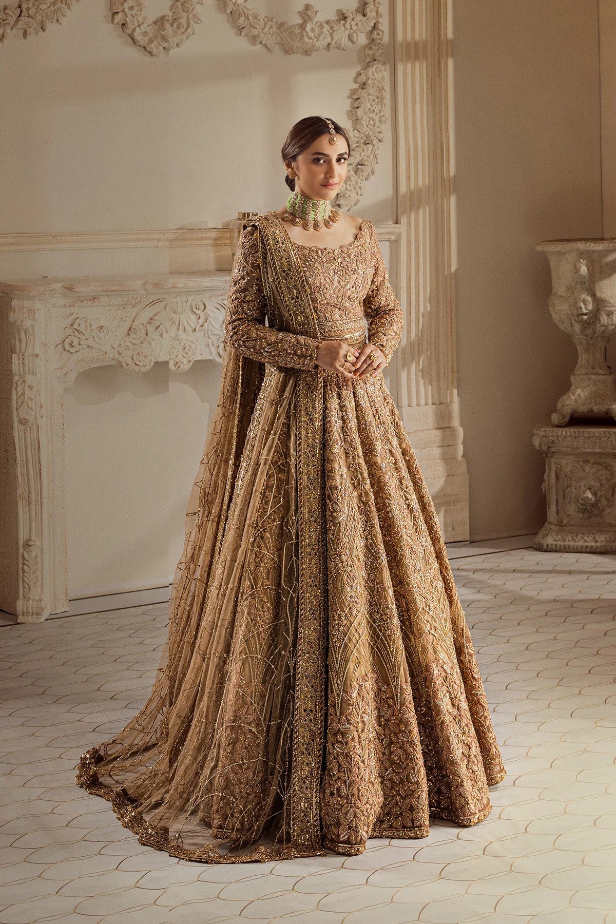 Gold bridal lengha best sale