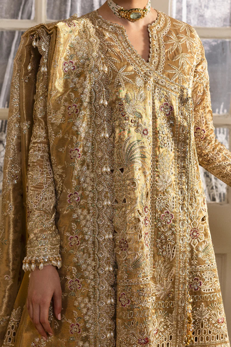 Goldveil – Afrozeh Dastangoi 2025 Golden Stitched Bridal Sharara Dress in Tissue Zari with Embroidered Dupatta and Jamawar Trouser – Pakistanimoda