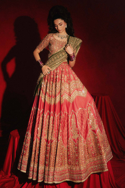 Rose pink bridal lehenga with green dupatta – Gul Badan MNR at Pakistanimoda